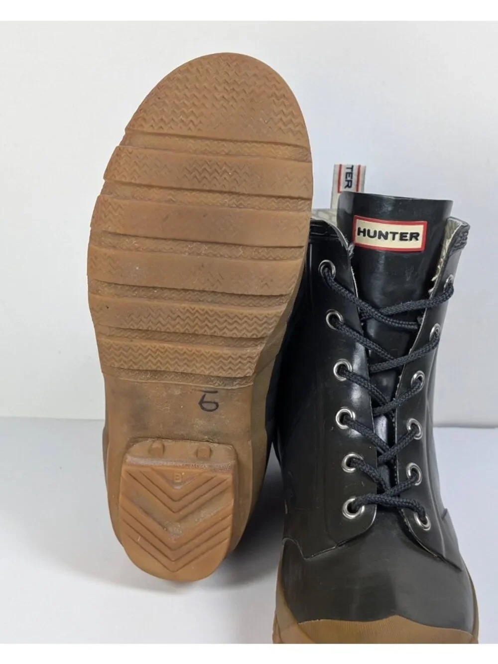 Hunter Brixen Thurloe Combat Rubber Lace Up Short Rain Boots Green Tan Women's 8